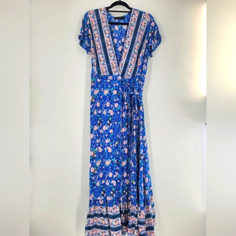 Zesica Boho Style Wrap‎ Maxi Dess in Blue & Floral Print Size Large - Picture 2 of 5